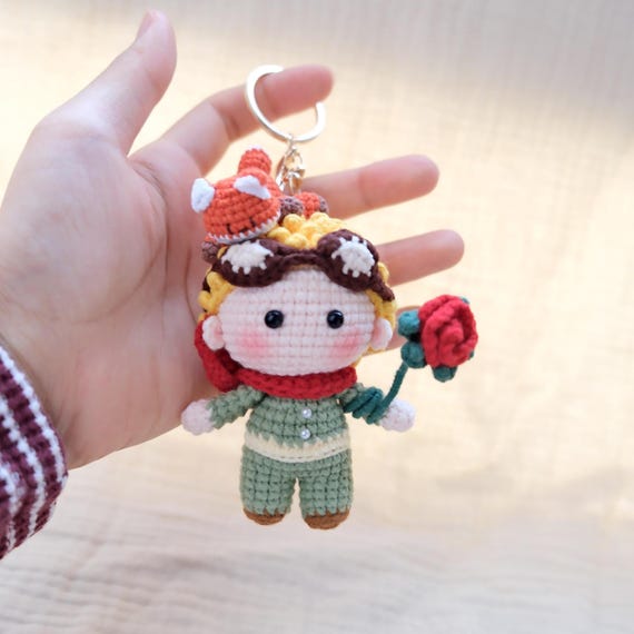 Crochet Little AstronautDoll with Fox, Amigurumi Keychain, Rose, Storybook Character Toy