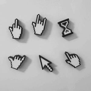 May include: A set of six black and white pixelated designs, including hand gestures and a cursor. The designs feature a middle finger, a rock on hand, a hand pointing up, a hang loose hand, a cursor arrow, and a hand pointing.