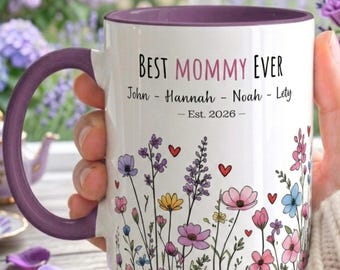 Personalized Mother’s Day Gift for Mom, Best Mommy Ever Mug with Kids Names, Custom Mom Est Year, Floral Gift from Kids, Custom Floral mug