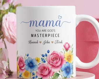Mama Mug Personalized with Kids Names, Mother's Day Gift for Mom, Floral Coffee Mug, Gift from Kids, Mom You Are God’s Masterpiece Cup