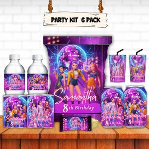 May include: A party kit with a disco theme, featuring water bottles, snack bags, cups, and cans. The kit is decorated with illustrations of three girls and the text "Samantha 8th Birthday". The kit includes a candy bar.