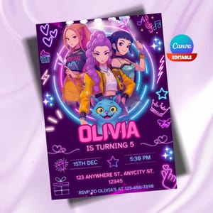 May include: A purple birthday invitation featuring three anime-style girls, a blue cat, and neon accents. The invitation reads "Olivia is turning 5" with event details. The Canva editable design includes stars, hearts, and musical notes.