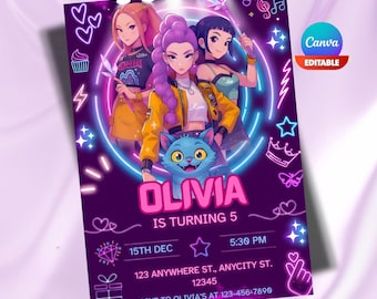 Kpop Demon Hunters 誕生日招待状テンプレート | 編集可能なCanvaテンプレート | Kpopアニメ招待状 | デジタルダウンロード | 子供向け印刷可能カード