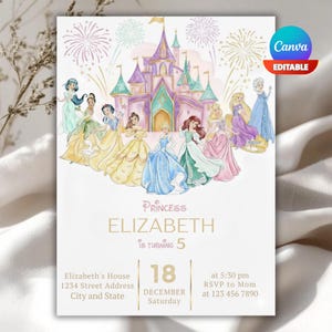 May include: A princess-themed invitation card featuring a castle illustration and fireworks. The invitation includes the text "Princess Elizabeth is turning 5" and event details. The design features illustrations of several princesses.