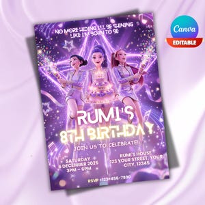 May include: A purple birthday invitation featuring three animated figures. The invitation text reads "Rumi's 8th Birthday" with event details and the Canva logo. The background has a star and musical note design.