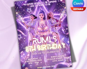 Kpop Demon Hunters Birthday Invitation Template | Editable Canva Template | Kpop Anime Invite | Digital Download | Printable Card for Kids
