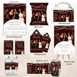 Könnte beinhalten: Eine Sammlung von Partyartikeln in Burgunderrot, darunter eine Einladungskarte, eine Chipstüte, eine Geschenkbox, Dankeskarten, Wasserflaschenetiketten, ein Limonadenetikett und ein Willkommensschild. Mit dem Text "Waiting To Exhale".