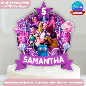 May include: A K-Pop themed cake topper with a purple and pink design. The topper features three animated figures, a disco ball, and the name "SAMANTHA" on a purple banner. The number "5" is displayed on a star.