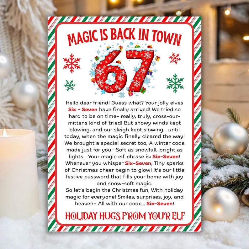 67 Message 6-7 Elf Arrival Letter, Six Seven Trending Meme 67 Christmas Elf Letter ...