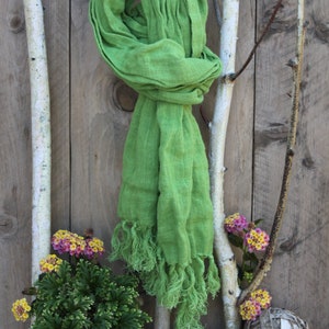 Light Bright Green Linen Scarf with Hand Knotted Fringes for Teen or Adult. St. Patrick or Grinch scarf. LIMITED, Color no longer available