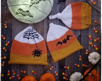 Knitting Pattern - Candy Corn (NB - Adult), 3 Looks in one, FLAT and ROUND knitted instructions Pdf, Bat and Spider included