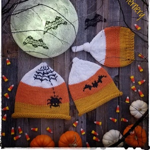Knitting Pattern - Candy Corn (NB - Adult), 3 Looks in one, FLAT and ROUND knitted instructions Pdf, Bat and Spider included