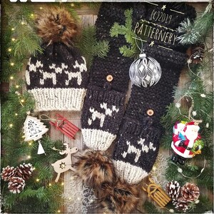 SUPER BULKY Hat and Scarf Set &quot;Reindeer&quot; Knitting Pattern Pdf. Two looks in one, Instructions for pom. NB to Adult sizes in English