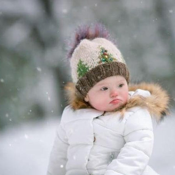 WORSTED Hat "Festive Trees" Knitting Pattern PDF, Fur Pom Instructions and Beads Instructions included. Preemie to Adult Pattern in English