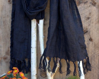Black Natural Linen Long Scarf with Hand Knotted Fringes for Teen or Adult. Made to order