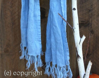 Natural Linen Long Scarf with Tassels for Teen or Adult, for Man or Woman in Sky Blue. LIMITED, Color is discontinued, FREE shipping