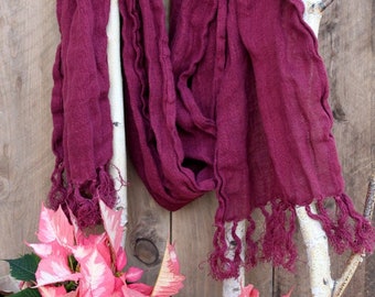 Burgundy Wine Linen Long Scarf with Tassels for Teen or Adult. Made to order. LIMITED. NO restocking color