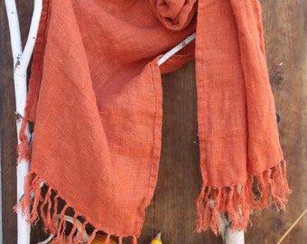 Linen Long Scarf with Tassels for Teen or Adult. Rusty Orange. Made to Order, LIMITED. Colors are discontinued.