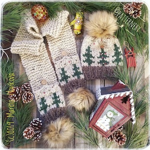 SUPER BULKY Christmas Set &quot;Noel Trees&quot; Knitting Pattern Pdf. Two looks of Trees, Fur and Yarn Pom Instructions. NB to Adult sizes in English