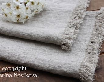 Natural Linen Tea Kitchen Towel in MEDIUM weight, frayed. Classic, Rustic and ECO. Ready to ship.