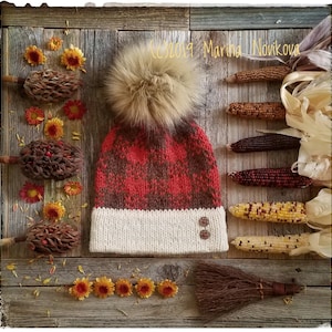 Worsted Plaid Double Brim Hat &quot;Gem Corn&quot; Knitting Pattern Pdf. FLAT and ROUND instructions Buffalo Plaid. NB up to Adult sizes in English