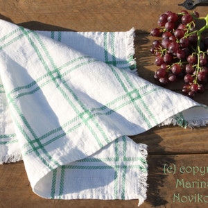 Linen Kitchen Towel. Natural Jacquard Striped Linen with Ruffled Rustic Edge. Ready to Ship.