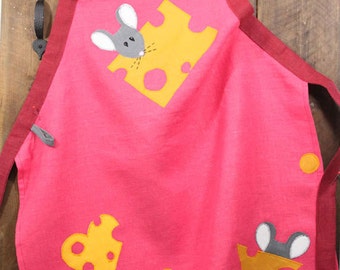 Adult Linen "Mice and Cheese" Pink Apron. ONE size, Ready to ship, OOAK