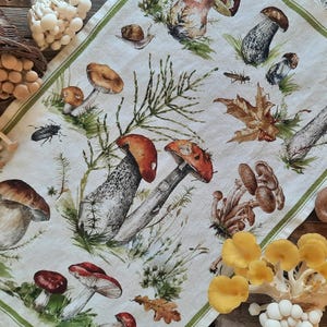 May include: A white kitchen towel with a green border features a watercolor illustration of various mushrooms in shades of brown, red, and yellow. The mushrooms are depicted in different sizes and shapes, with some growing in clusters and others standing alone. The towel is a decorative kitchen accessory.