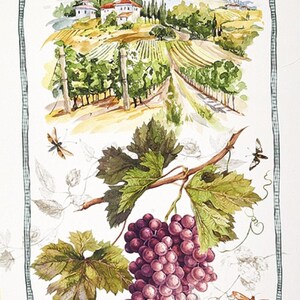 May include: Watercolor painting of a vineyard landscape with a cluster of purple grapes and green leaves in the foreground. The vineyard is in the background with a small village and rolling hills.