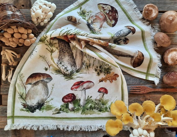 Mushrooms Kitchen Towel, 100% Cotton Crepe, Medium Heavy weight, Russula Genus, Boletus. Forest Foraging.