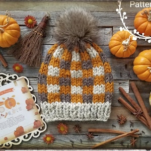 Knitting Pattern - SUPER BULKY Plaid Hat &quot;Pumpkin Pie&quot; Pdf. Buffalo Plaid Hat, Variety Rib, Pom Instructions. NB up Adult sizes in English