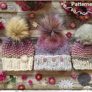 KNITTING PATTERN for Beginner - Basic 3 Hat Looks Set in One, SUPER Bulky, Flat and Round knitting, Pom Instructions. All sizes, in English