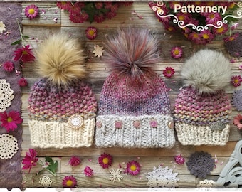 KNITTING PATTERN for Beginner - Basic 3 Hat Looks Set in One, SUPER Bulky, Flat and Round knitting, Pom Instructions. All sizes, in English
