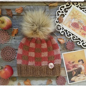 Plaid BULKY &quot;Apple Pie&quot; Hat FLAT and ROUND Knitting Pattern Pdf. Faux Fur Pom Instructions. Preemie up to Adult sizes.