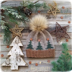 BULKY Christmas Trees Toque Knitting Pattern, Fair Isle Knit Hat, Bulky Pdf. Faux Fur Pom Instructions. Preemie up to Adult sizes. English