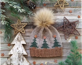 BULKY Christmas Trees Toque Knitting Pattern, Fair Isle Knit Hat, Bulky Pdf. Faux Fur Pom Instructions. Preemie up to Adult sizes. English