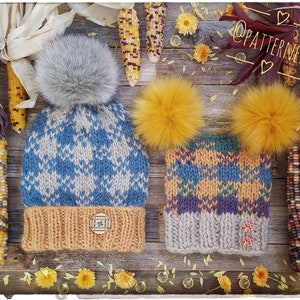 Super BULKY Plaid Hat &quot;Indian Corn&quot; Knitting Pattern Pdf. Buffalo Plaid Hat, Variety Rib, FLAT and ROUND. Nb up to Adult sizes in English