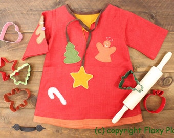 Linen (100% flax) "Christmas Cookies" Dress for Baby Girls, 3-6 mo or 6-9mo sizes. Ready to FREE ship.