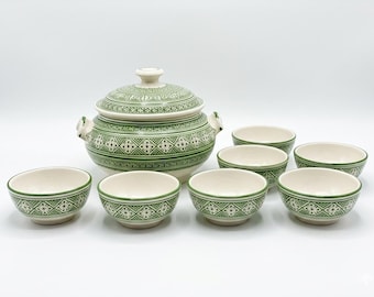 Juego de cuencos de cerámica marroquí hechos a mano, platos de servir de cerámica verde y blanca, decoración de cocina artesanal.