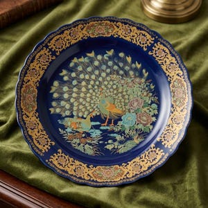 Puede incluir: Un plato decorativo de cerámica azul con un diseño de pavo real. El plato presenta un borde dorado y una ilustración detallada de dos pavos reales con sus plumas extendidas, rodeados de flores y follaje. El plato tiene unos 25 cm de diámetro.