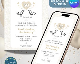 Pearl 30th Anniversary Invitation Template - Love Birds - Customisable in Canva (Digital Download)