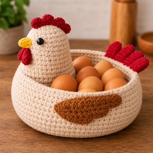May include: A crocheted hen-shaped egg basket in cream, red, yellow, and brown. The basket is filled with brown eggs. The hen has a red comb and wattle, a yellow beak, and a black eye. The basket has a brown wing detail.