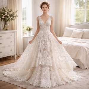 May include: A sleeveless, ivory wedding gown with a deep V-neckline and a tiered skirt. The dress is made of delicate lace and features a flowing train. The bride is standing in a well-lit room with a bed and dresser in the background.
