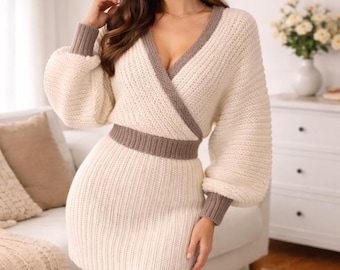 Knit Wrap Sweater Dress Pattern, Women's V-Neck, Long Sleeve (PDF Download)