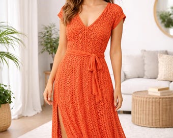 Boho Crochet Maxi Dress, Lace Up Back Summer Beach Dress (PDF)