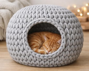 Chunky Crochet Cat Cave Pattern: Jumbo Yarn Cat Pod Bed Tutorial (PDF Download)