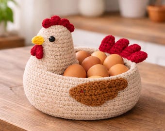 Crochet Chicken Egg Basket Pattern, Hen Holder, Farmhouse Kitchen Decor (PDF Download)