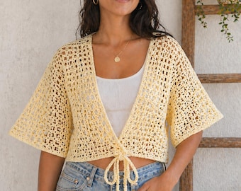 Crochet Mesh Shrug Pattern PDF, Summer Lace Cardigan Top, Beginner Friendly Crochet Top Pattern, Boho Tie Front Bolero