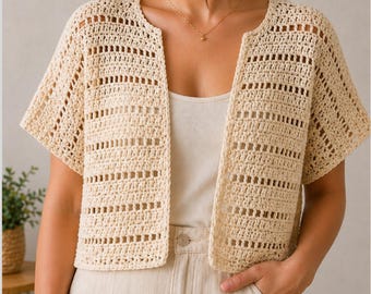 Crochet Lace Cardigan Pattern PDF, Summer Mesh Shrug, Beginner Crochet Top Pattern, Open Front Cardigan, Instant Download
