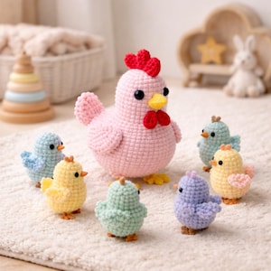 May include: A group of handmade crochet chickens and chicks in pastel shades. The large pink hen has a red comb and wattle, black eyes, and a yellow beak. The smaller chicks are blue, yellow, green, and purple.